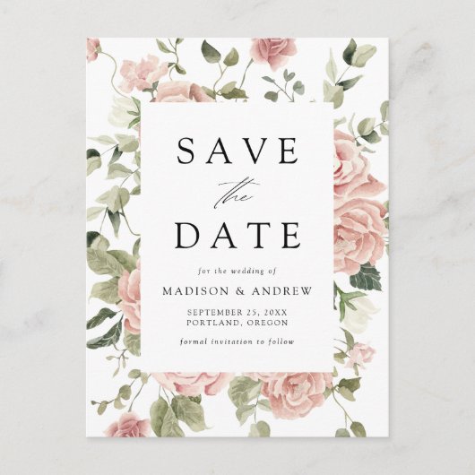 Elegante Roze Rozentuin Bruiloft Save the Date Aankondigingskaart (Voorkant)