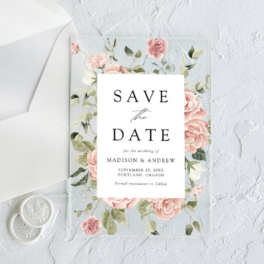 Elegante Roze Rozentuin Bruiloft Save the Date Acryl Uitnodigingen