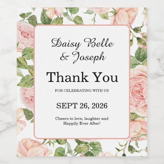 Elegante Roze Rozentuin Bruiloft Wijn Etiket (Enkel label)