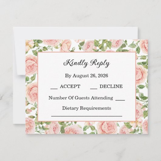 Elegante Roze Rozentuin  RSVP Kaartje (Voorkant)