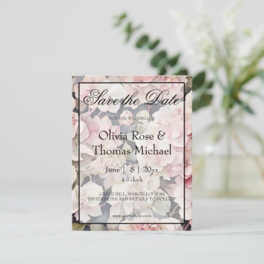 Elegante roze salie waterverf florale hortensia's save the date (Staand voorkant)