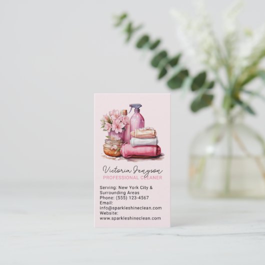 Elegante roze schoonmaakservice Maid QR-code Visitekaartje (Staand voorkant)