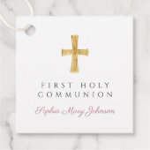 Elegante Roze Schrift Kruis Eerste Communie Bedankjes Labels (Voorkant)