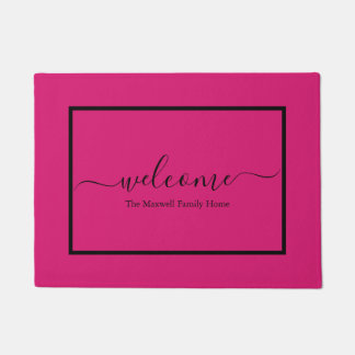 Elegante roze script familienaam welkom deurmat