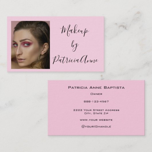 Elegante Roze Script Foto Make-up Bedrijf Visitekaartje (Voorkant / Achterkant)