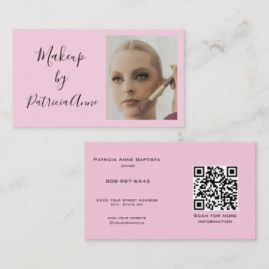 Elegante Roze Script Foto QR Code Make-up Visitekaartje (Voorkant / Achterkant)