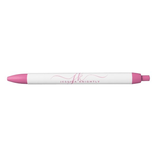 Elegante Roze Script Monogram Beginletters Naam Zwarte Inkt Pen (Voorkant)