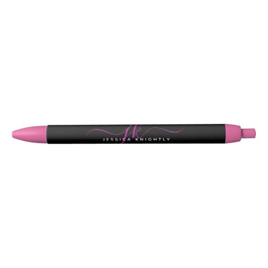 Elegante Roze Script Monogram Beginletters Naam Zwarte Inkt Pen (Voorkant)