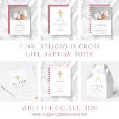 Elegante Roze Script Religieus Kruis Meisje Doop Kaart