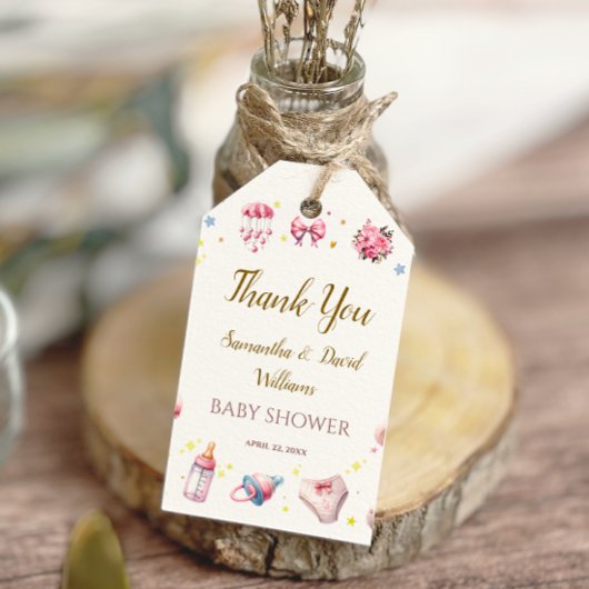 Elegante roze sierlijke Baby shower Bloemen Cadeaulabel