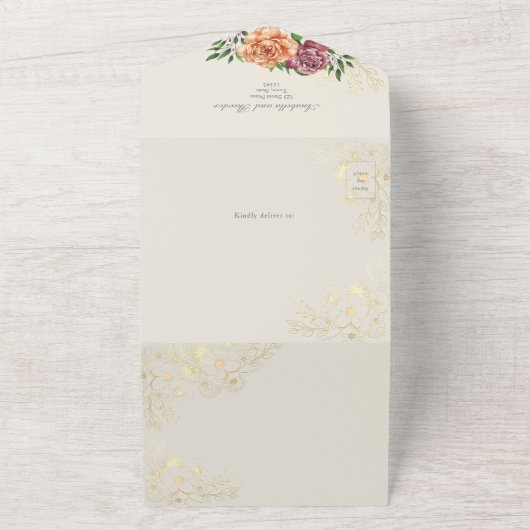 Elegante Roze Sinaasappel Bloemen Huwelijk All In One Uitnodiging (Buitenkant)