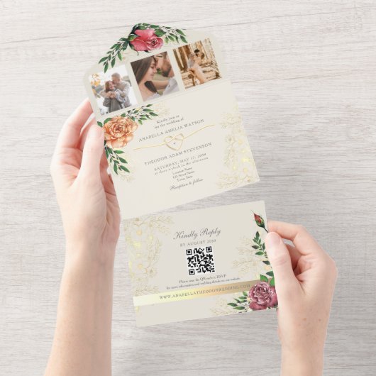 Elegante Roze Sinaasappel Bloemen Huwelijk All In One Uitnodiging (Afscheurbaar)