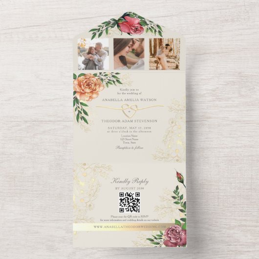 Elegante Roze Sinaasappel Bloemen Huwelijk All In One Uitnodiging (Binnen)