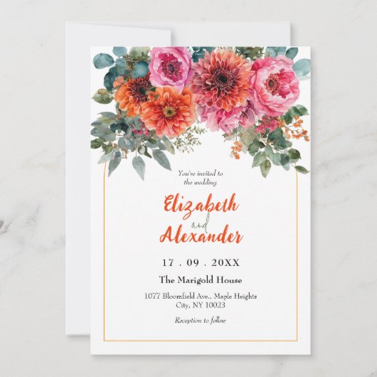 Elegante Roze Sinaasappel Waterverf Bloemenbruilof Kaart (Voorkant)