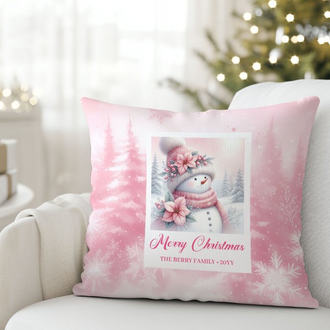 Elegante Roze Sneeuwman Winter Scene Kinderen Kers Kussen (Elegant Pink Snowman Winter Scene Kids Christmas Pillow

)