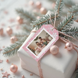 Elegante  Roze Sneeuwvlokken Fotovakantie Cadeaulabel