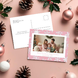 Elegante Roze Sneeuwvlokken Vakantiefoto Briefkaar Feestdagenkaart