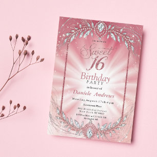 Elegante Roze Sparkly Diamond Sweet Sixteen Kaart