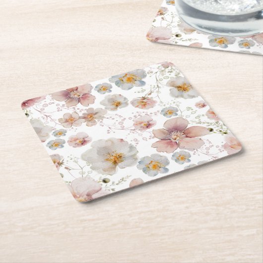 Elegante Roze Stof Blauw Bloem Bruiloft Borrel Kartonnen Onderzetters (Schuin)