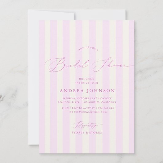 Elegante roze strepen bruids douche uitnodiging (Voorkant)