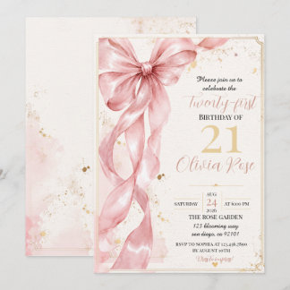 Elegante Roze Strik 21e Verjaardagsfeest Uitnodigi Kaart