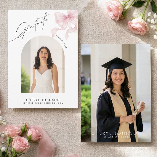 Elegante Roze Strik 2 Foto Afstuderen Aankondiging