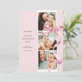 Elegante Roze Strik 3 Foto Moederdag Kaart (Staand voorkant)