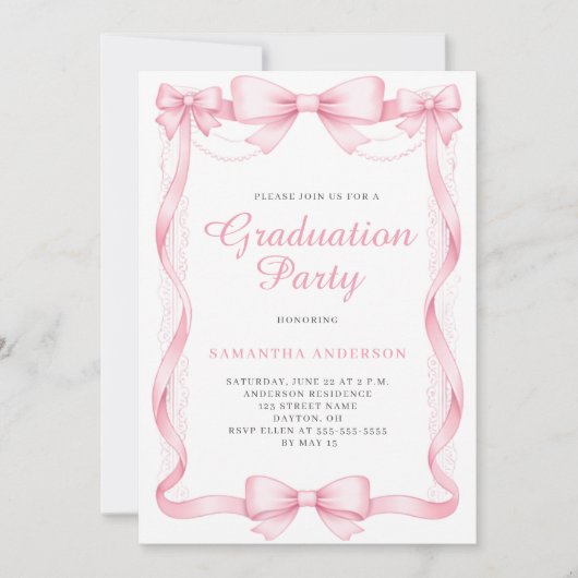 Elegante Roze Strik Afstudeerfeest Kaart (Voorkant)