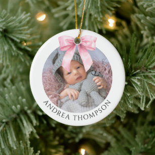 Elegante Roze Strik Baby Eerste Kerst Foto Keramisch Ornament
