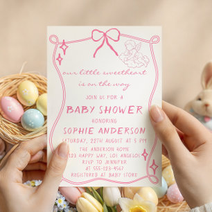 Elegante Roze Strik Baby Shower in Retro Stijl Kaart
