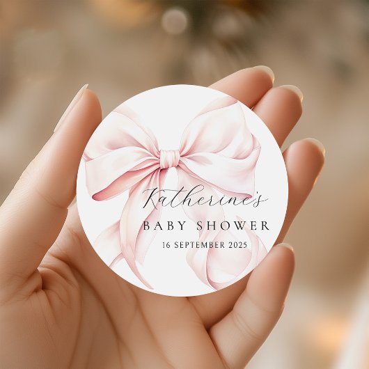 Elegante Roze Strik Baby Shower Ronde Sticker