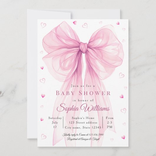 Elegante Roze Strik Baby Shower Uitnodiging (Voorkant)