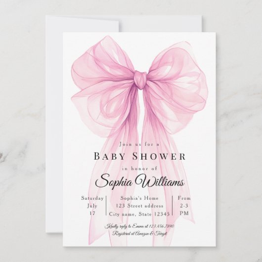 Elegante Roze Strik Baby Shower Uitnodiging (Voorkant)