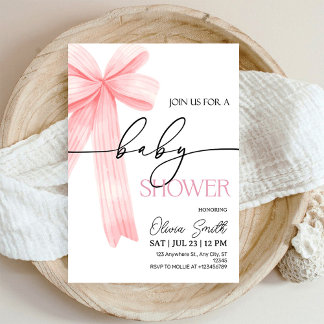 Elegante Roze Strik Baby Shower Uitnodiging