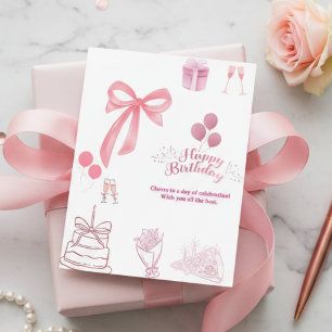 Elegante Roze Strik & Ballonnen Verjaardagskaart Kaart