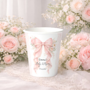 Elegante Roze Strik Bloemige Baby Shower Papieren Bekers