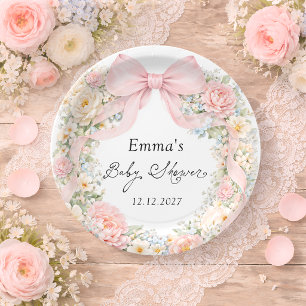 Elegante Roze Strik Bloemige Baby Shower Papieren Bordje