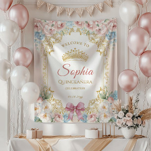 Elegante Roze Strik Bloemige Quinceanera Welkom Wandkleed