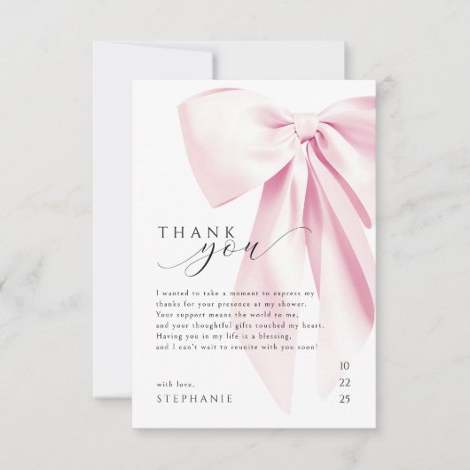 Elegante Roze Strik Bruidsdouche Bedankkaart (Voorkant)