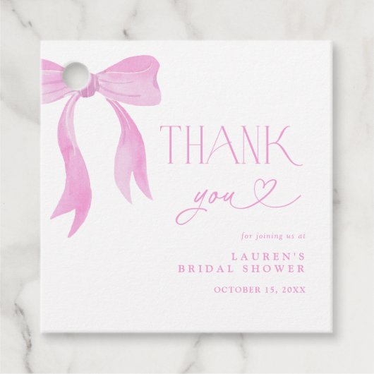 Elegante Roze Strik Bruidsfeest Script Bedankt Bedankjes Labels (Voorkant)