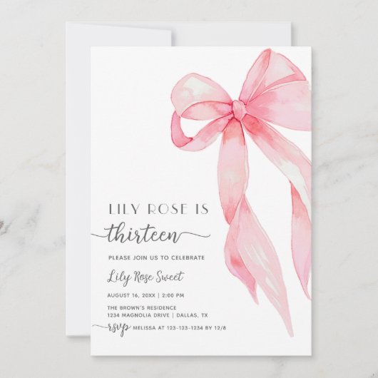 Elegante Roze Strik Coquette Dertien 13e Verjaarda Kaart (Voorkant)