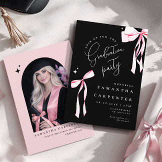 Elegante roze strik coquette foto zwarte afstudere kaart