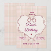 Elegante Roze Strik Coquette Verjaardagsuitnodigin Kaart (Voorkant / Achterkant)