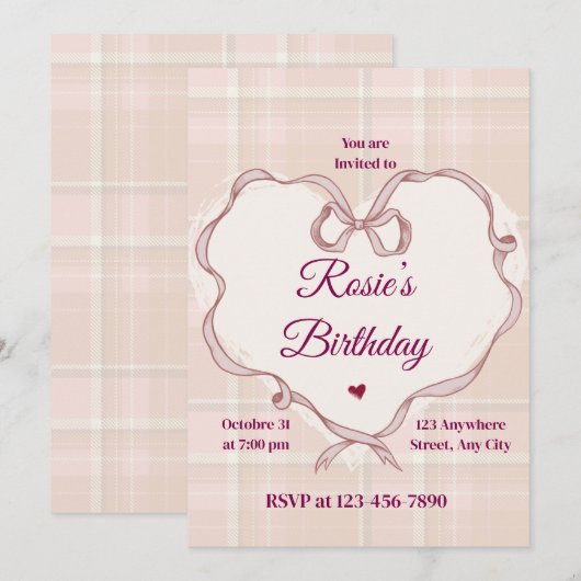 Elegante Roze Strik Coquette Verjaardagsuitnodigin Kaart (Voorkant / Achterkant)