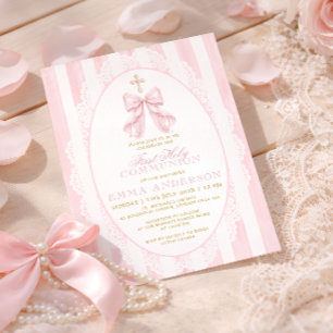 Elegante Roze Strik Eerste Heilige Communie Kaart