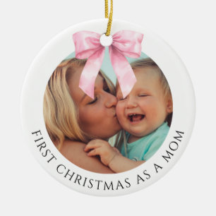 Elegante Roze Strik Eerste Kerstmis als Moeder Fot Keramisch Ornament