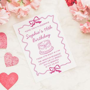 Elegante Roze Strik en Cake Sweet 16 Verjaardagsfe Kaart