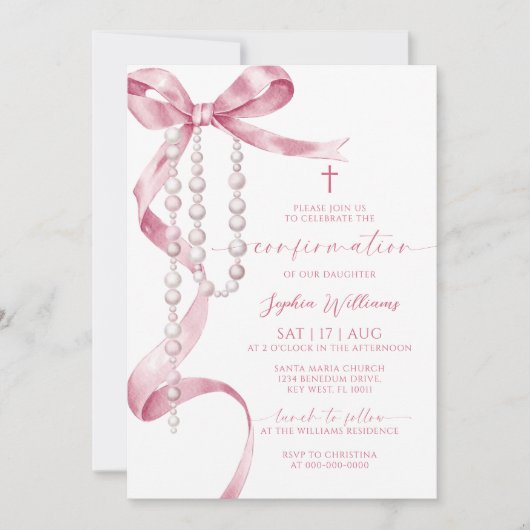 Elegante roze strik en rozenkrans bevestiging kaart (Voorkant)