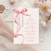 Elegante roze strik en rozenkrans eerste heilige c kaart