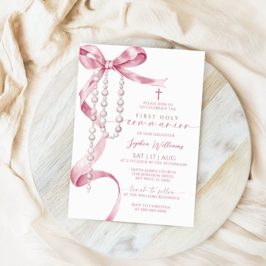 Elegante roze strik en rozenkrans eerste heilige c kaart